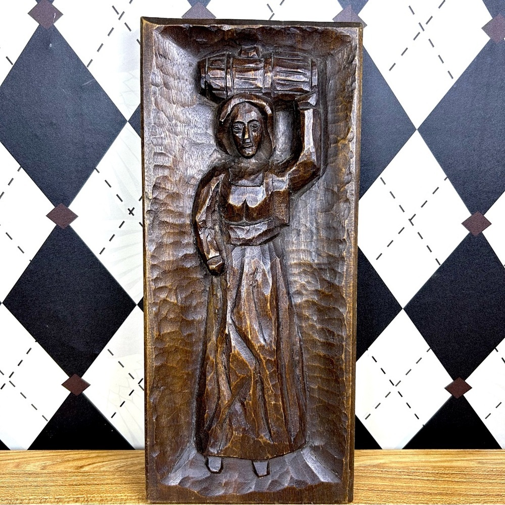 Hand Carved‎ Wooden Relief Panel Woman Folk Art 14” Rustic Primitive Figure